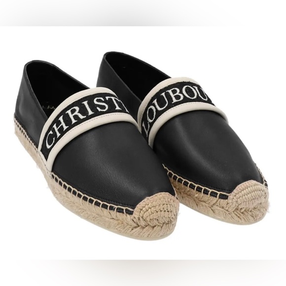NEW CHRISTIAN LOUBOUTIN BLACK LEATHER ESPADRILLE SUMMER SLIP ON SANDAL FLATS 37